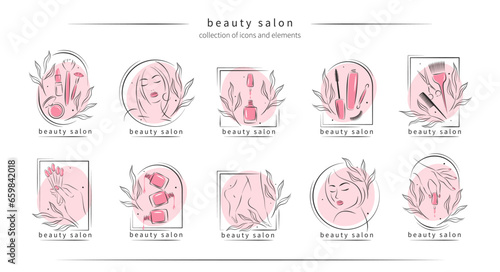 Big set of elements and logos for beauty salon. Nail polish,  manicured female hands and legs, beautiful woman face, lipstick, eyelash extension, makeup, hairdressing. Vector illustrations