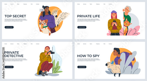 Spying, observing and sneaking. Vector illustration. Making observation, discipline of gathering unsaid details Characters peeping, silent spectators maintaining watchful eye Looking out