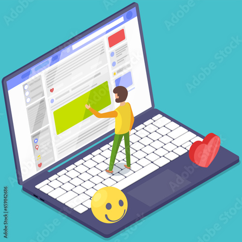 Social network web site surfing concept. Man browsing networks, chatting. Designer, developer using profile web interface, online community data. Working with social media technology, user profile