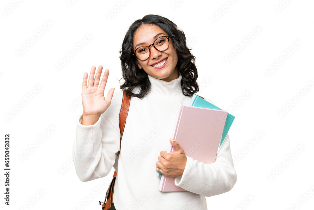 Young Argentinian student woman over isolated background saluting with hand with happy expression