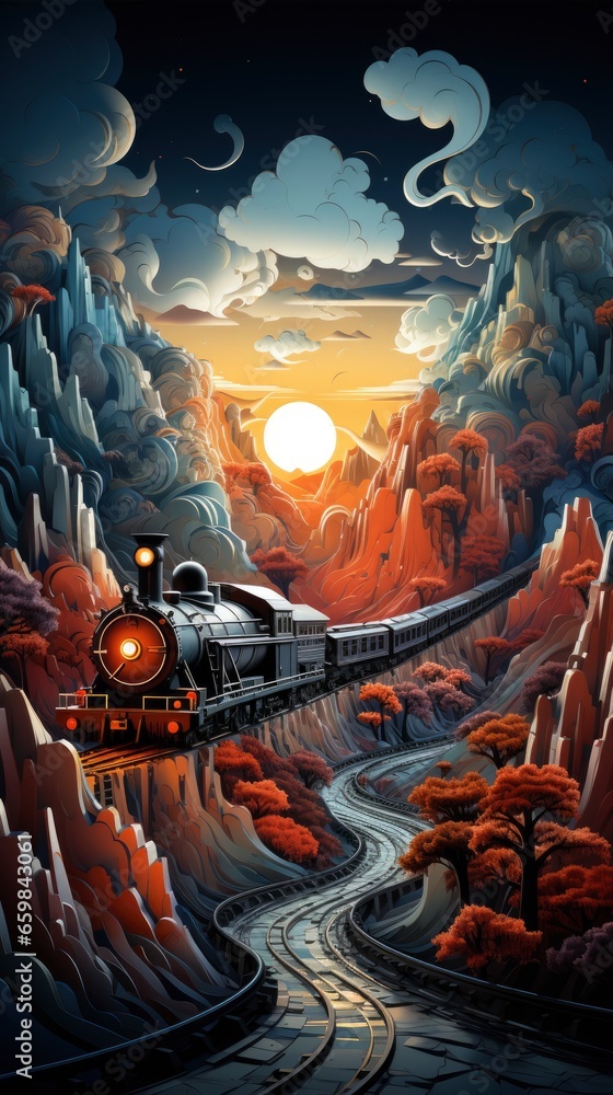 Multidimensional art with red steam train, wallpaper for mobile ...