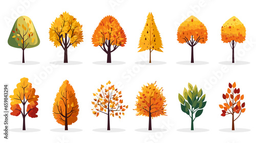 autumn trees, set of vector illustrations of cute trees and shrubs: Different trees in autumn colors, different shapes of trees in autumn colors. Design elements. Isolated on white background.
