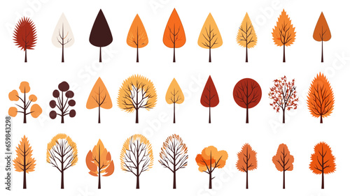 autumn trees, set of vector illustrations of cute trees and shrubs: Different trees in autumn colors, different shapes of trees in autumn colors. Design elements. Isolated on white background.