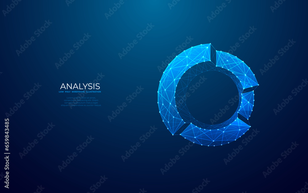  Abstract pie chart top view on technology blue background in futuristic low poly wireframe hologram style. Business analysis concept. Polygonal digital circle diagram or graph chart with 3D effect. - obrazy, fototapety, plakaty 
