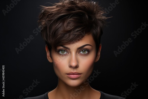 Portrait of beautiful young woman with stylish hairstyle on black background, a woman with Pixie Cut hairstyle