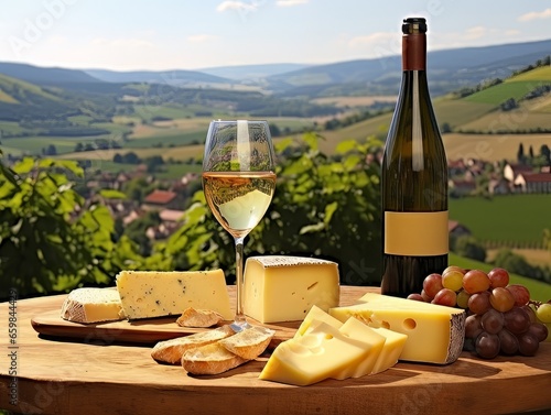 Cheese board with different varieties and white wine against the backdrop of village. AI