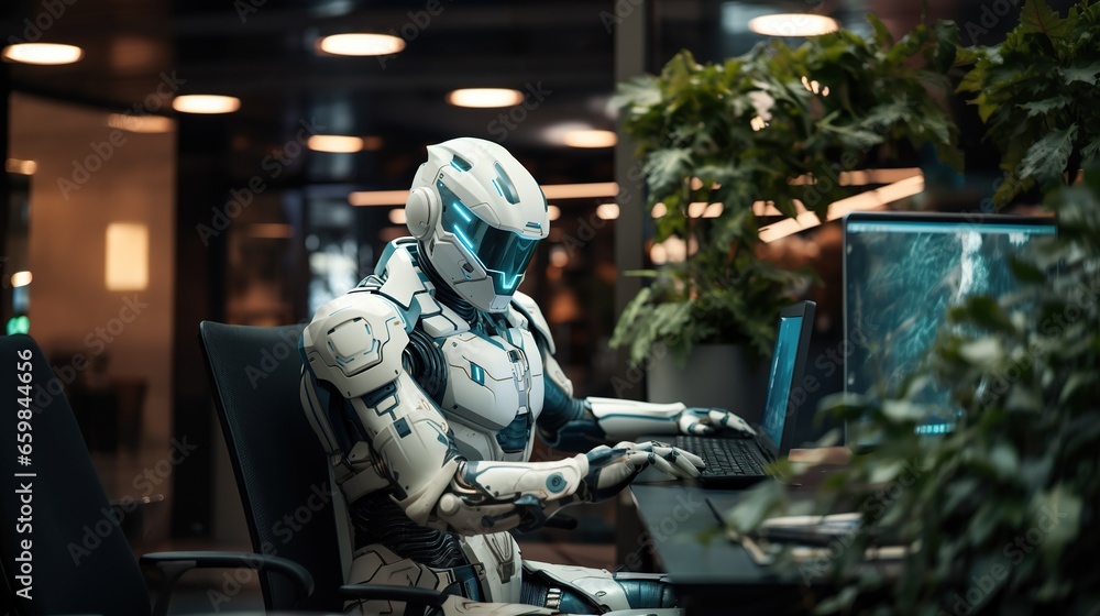 Retro-futuristic robot sitting at office working at laptop.
