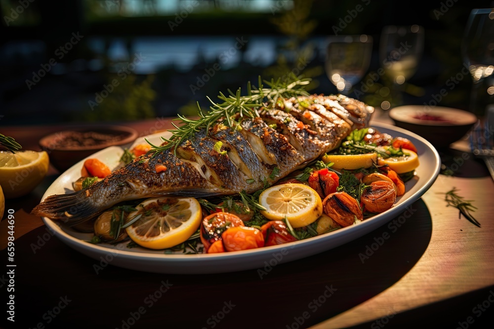 Roasted sea bass tasty seafood served at restaurant. Roasted sea bass tasty seafood served at restaurant.