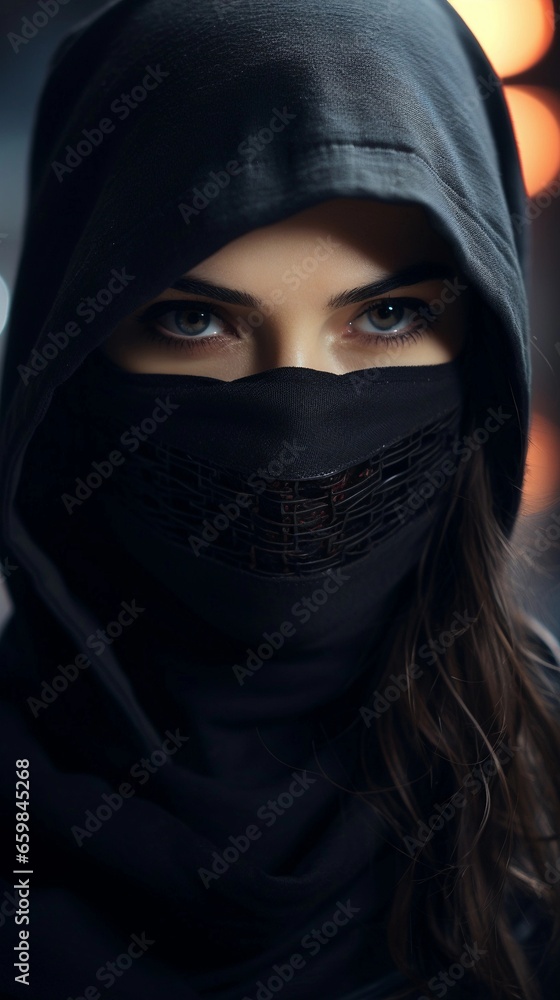 beautiful female ninja portrait with space for text on the side, vertical format, background image, AI generated beautiful female ninja portrait with space for text on the side, vertical format, background image, AI generated