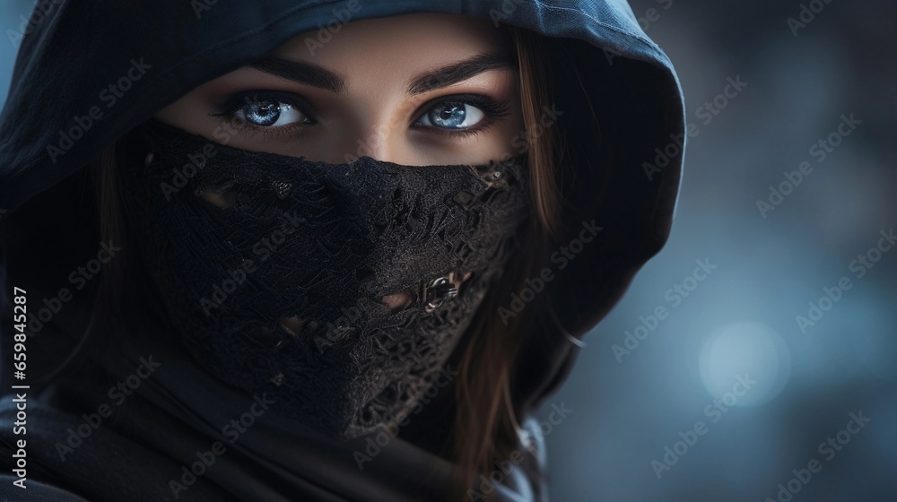 beautiful female ninja portrait with space for text on the side, background image, AI generated - obrazy, fototapety, plakaty 