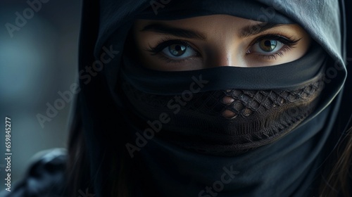 beautiful female ninja portrait with space for text on the side, background image, AI generated