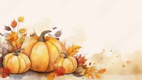 pumpkins in autumn atmosphere watercolor style with space for text, background image, AI generated