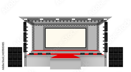 red stage and white screen with spotlight on the truss system on the white background 