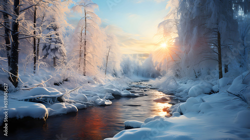 Winter river in snow forest landscape. Frozen river water in winter © Alex Bur
