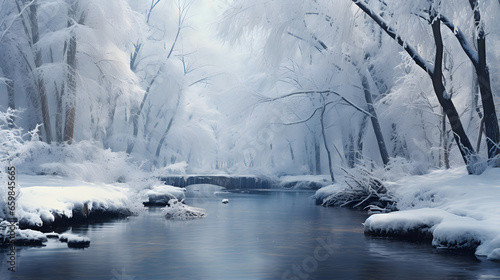 Winter river in snow forest landscape. Frozen river water in winter © Alex Bur