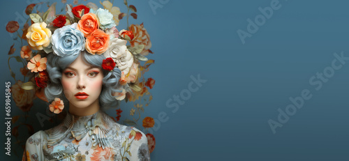 Human mind with flowers wreath, positive thinking woman, creative brain, self  esteem and mental health concept photo