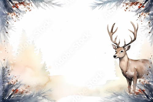 Watercolor Christmas and New Year background with deer