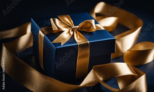Dark blue gift box with gold satin ribbon on dark background. Top view of birthday gift with copy space for holiday or Christmas present, Generative AI