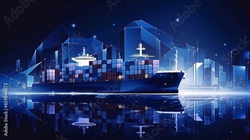 Low polygon banner template with copysapce area for commercial port. Digital cargo ship, container, crane and warehouse in dark blue. Container ships, transport, logistics, business, worldwide deliver