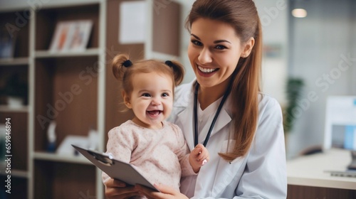 Mom and her infant daughter at the doctor's appointment. Pediatrician Medical check up. The doctor fills out the health questionnaire close up. Healthy lifestyle concept. photo