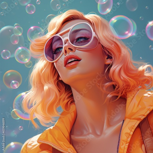 girl with big glasses and soap bubbles.