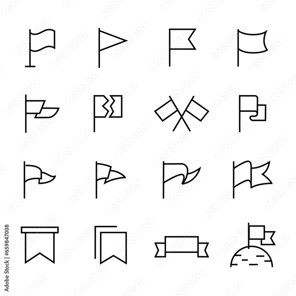 Waving Flag Icons set Banners, Presentations, Web Pages. Vector illustration. Checkered flags, location marker, waving pennant, bookmark, line icons set, editable stroke isolated on white, linear