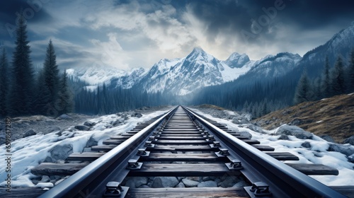 Empty Railroad Track Through a Foggy Snowy Forest in Winter