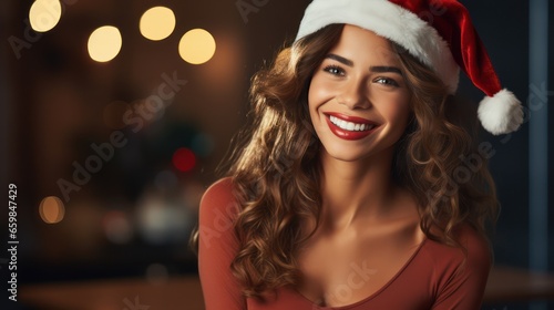 Beautiful young woman wearing Santa hat in room decorated for Christmas