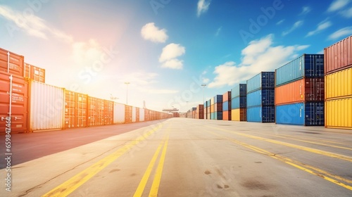 Global Business Logistics import export goods of freight carrier, industrial port cargo transportation industry concept. Close up Container Yard on blue sky background and floor ground with copy space