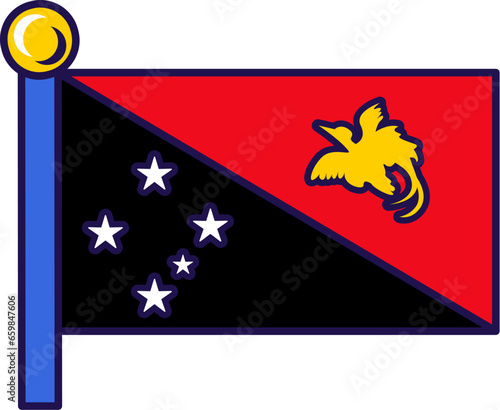 Papua new guinea nation flag on flagpole vector. White stars on black field and soaring raggiana bird of paradise on red triangle. Island country traditional symbol flat cartoon illustration