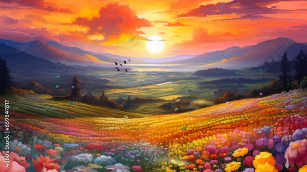 Sundown over flower fields landscape., a field of flowers with a sunset ...