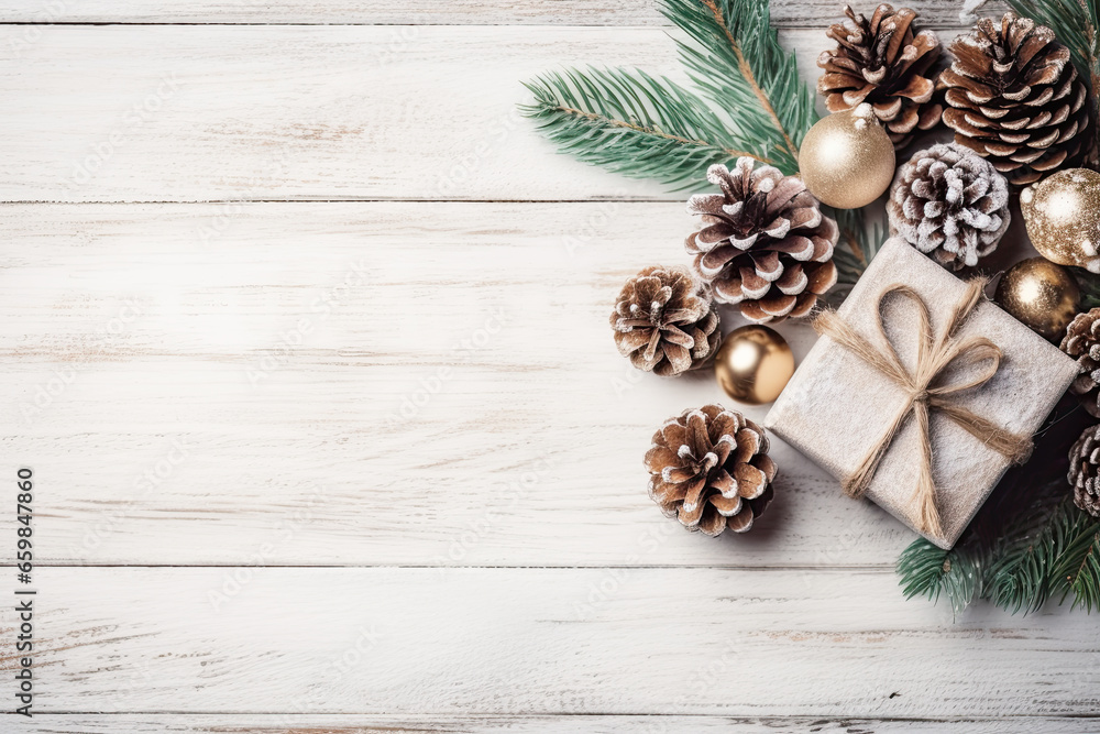 Christmas composition. Christmas fir tree branches, gift, christmas ball, pine cones on white woodle background with blank space for text Christmas composition. Christmas fir tree branches, gift, christmas ball, pine cones on white woodle background with blank space for text