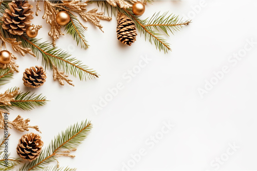 Christmas composition. Christmas fir tree branches  christmas ball  pine cones on white background. Flat lay  top view. with blank space for text