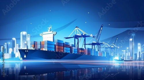 Low polygon banner template with copysapce area for commercial port. Digital cargo ship, container, crane and warehouse in dark blue. Container ships, transport, logistics, business, worldwide deliver © vita555