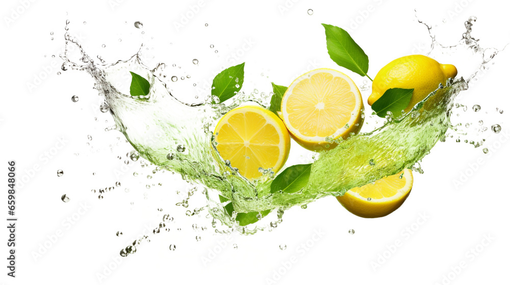 Obraz na płótnie Fresh Lemonade Splashing on lemon fruit isolated on transparent background PNG w salonie