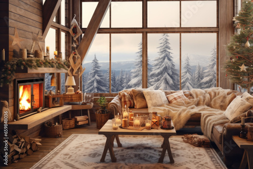 Cozy rustic living room with big floor to ceiling windows and a fireplace, decorated for Christmas. © Jasmina