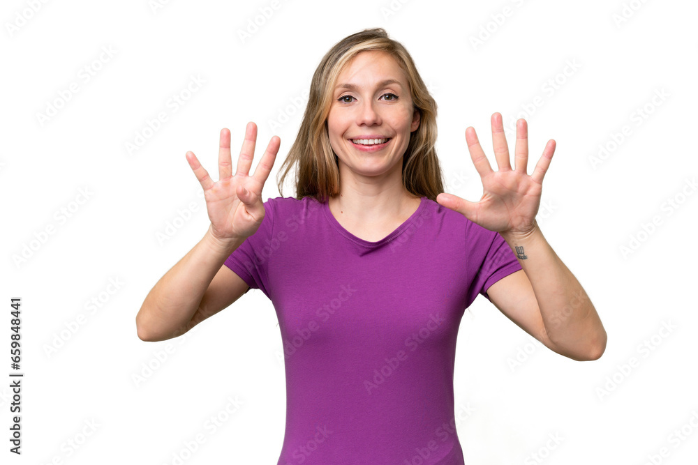 Young blonde woman over isolated background counting nine with fingers Young blonde woman over isolated background counting nine with fingers