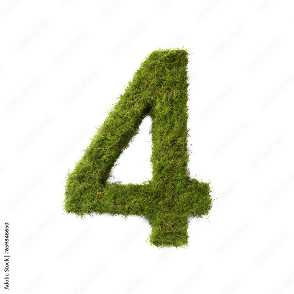 green grass forming number four, 4, alphabet text font character isolated on white in nature, growth and eco environment concept. green grass forming number four, 4, alphabet text font character isolated on white in nature, growth and eco environment concept.