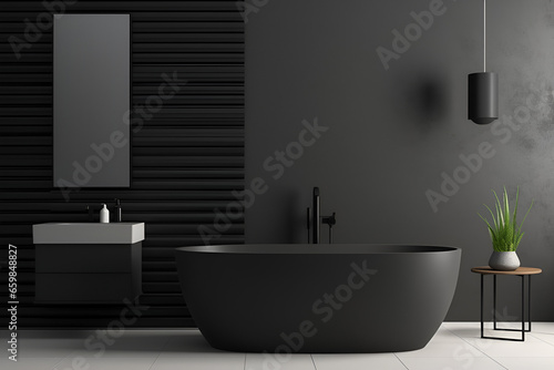 black modern bathroom interior with bathtub