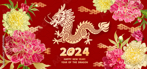Dragon is a symbol of the 2024 Chinese New Year. Greeting card in Oriental style with peonies flowers, leaves, buds, decorative elements around zodiac Sign of golden Dragon on red background photo