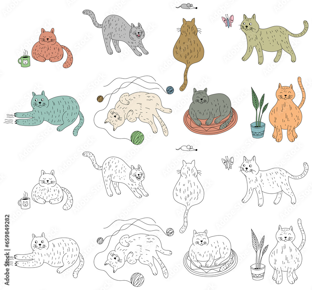 Obraz premium Hand drawn doodle cats isolated on white set. Hand drawn cute illustration for kids collection.