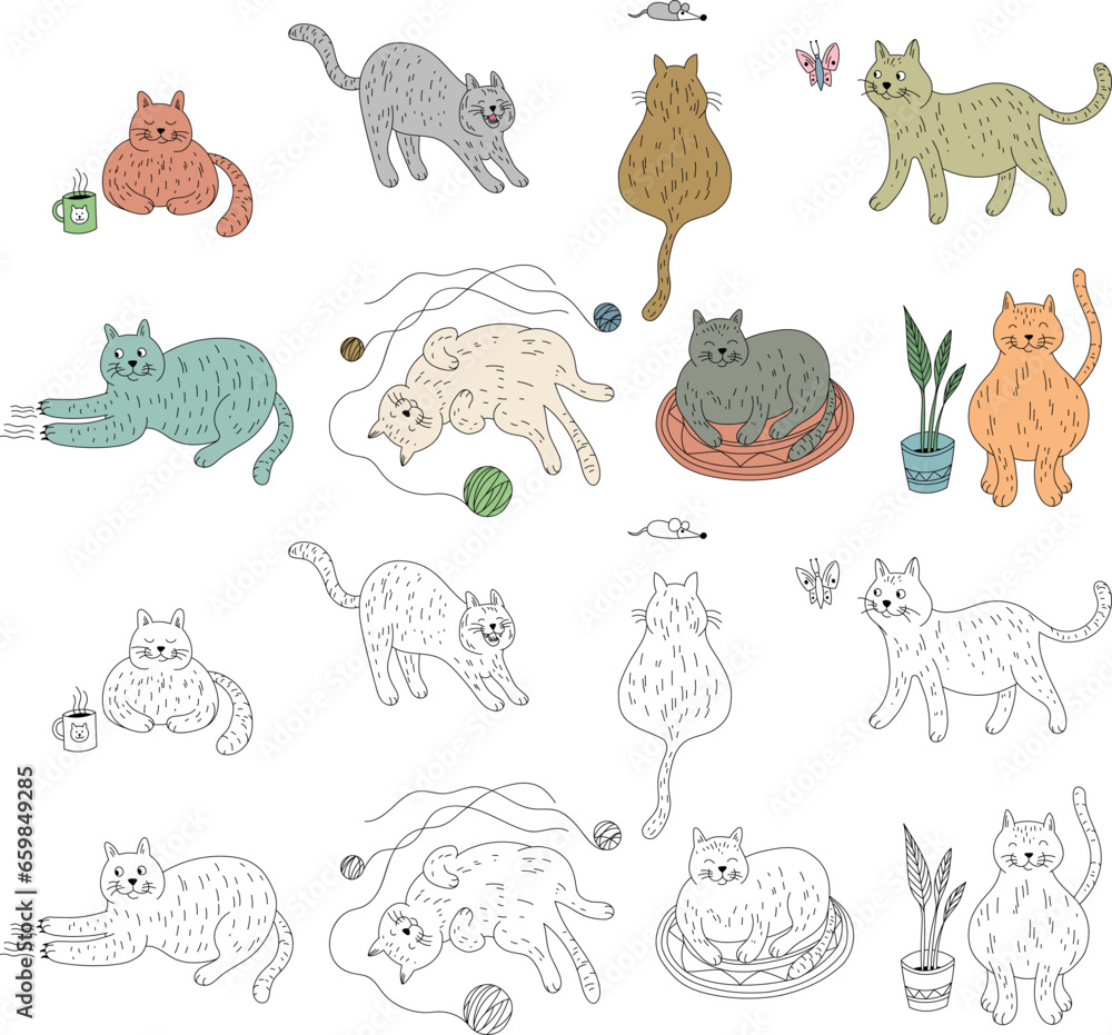 Obraz premium Hand drawn doodle cats isolated on white set. Hand drawn cute illustration for kids collection.