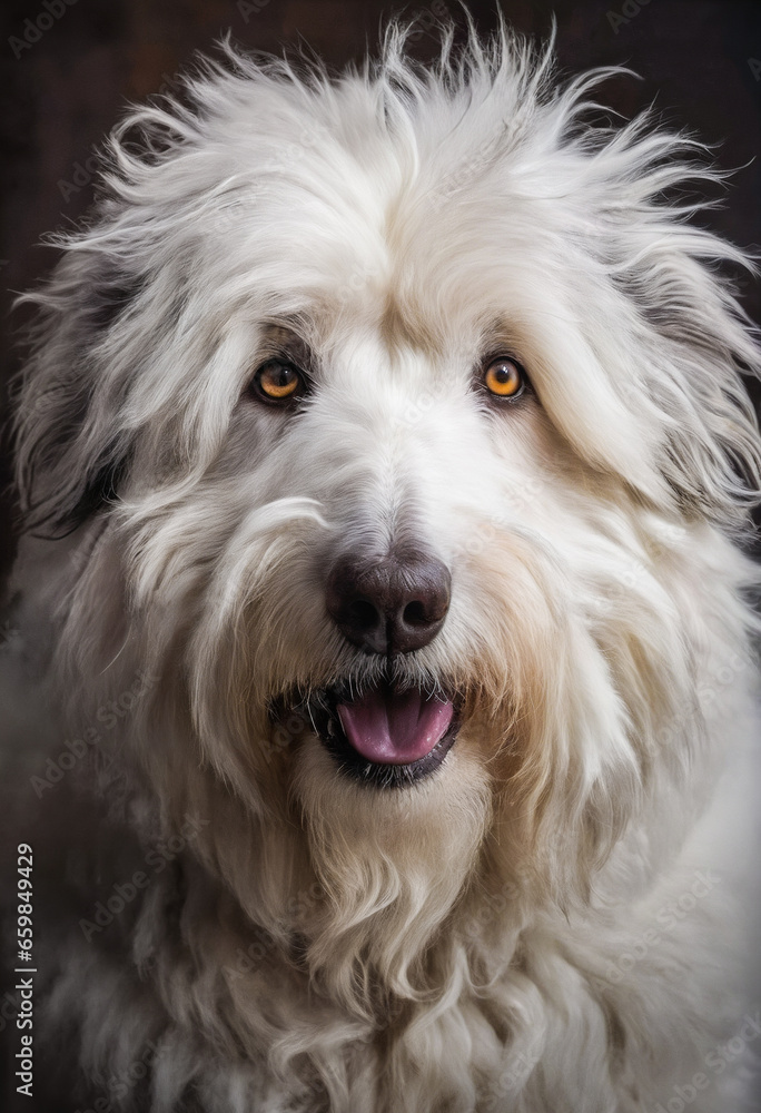 Old English Sheep dog Portrait, Canine Looking at Camera Dark Background