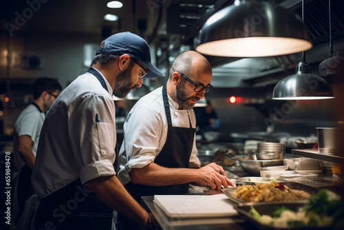Chef at work, providing instructions to his team in kitchen.