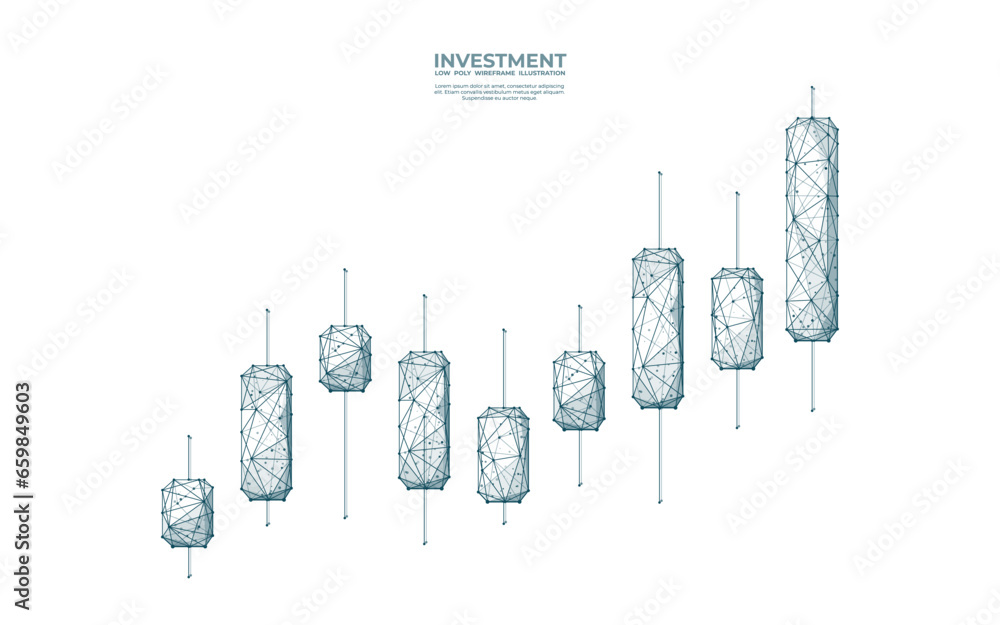 Abstract Japanese candlesticks isolated on a white background. Stock market growing graph chart in low poly wireframe style. Digital connected dots, lines, and geometric shapes. Investment concept. Abstract Japanese candlesticks isolated on a white background. Stock market growing graph chart in low poly wireframe style. Digital connected dots, lines, and geometric shapes. Investment concept.