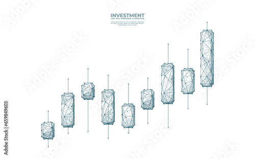 Abstract Japanese candlesticks isolated on a white background. Stock market growing graph chart in low poly wireframe style. Digital connected dots, lines, and geometric shapes. Investment concept. 