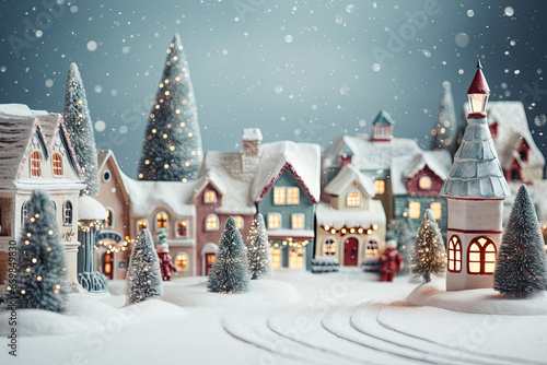 Miniatur-Weihnachtsdorf, Winterwunderland mit Schnee, Tannenbäume und Weihnachtsbeleuchtung, Weihnachtshintergrund oder Karte  © Jennifer