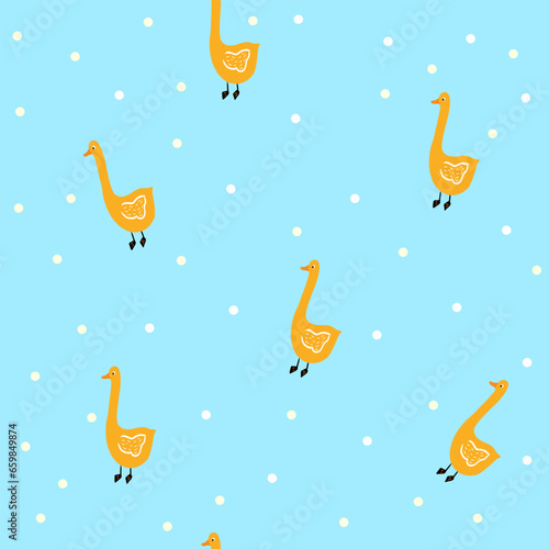 Cute goose seamless pattern, hand drawn print with farm bird and snow for kids fabric and textile,wallpaper,nursery,baby shower iilustration in flat style