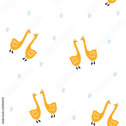 Geese couple seamless pattern, hand drawn print for kids fabric and textile,wallpaper,nursery,baby shower iilustration in flat style