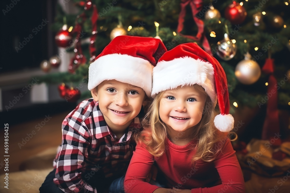 Happy Children wearing Santa Claus hats sitting near the Christmas tree at home, family celebration Happy Children wearing Santa Claus hats sitting near the Christmas tree at home, family celebration